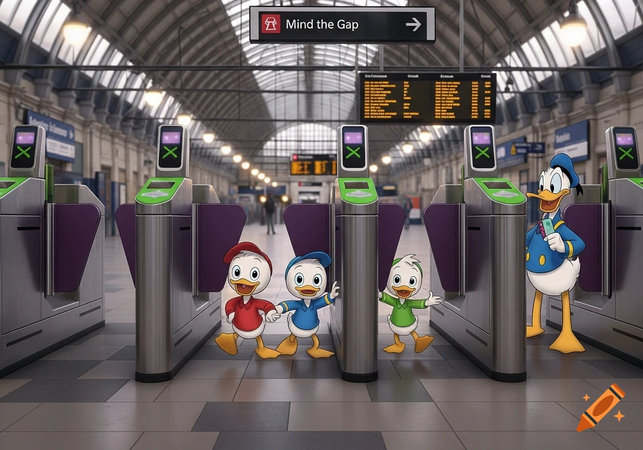 Donald Duck and his nephews, Huey, Dewey, and Louie, at a London Underground station with a 'Mind the Gap' sign.