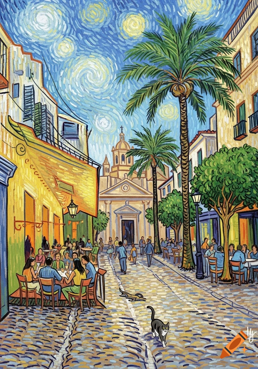 Van Gogh style painting of a bustling European street scene with people at outdoor cafes, palm trees, a cat, and a church under a swirling starry sky.