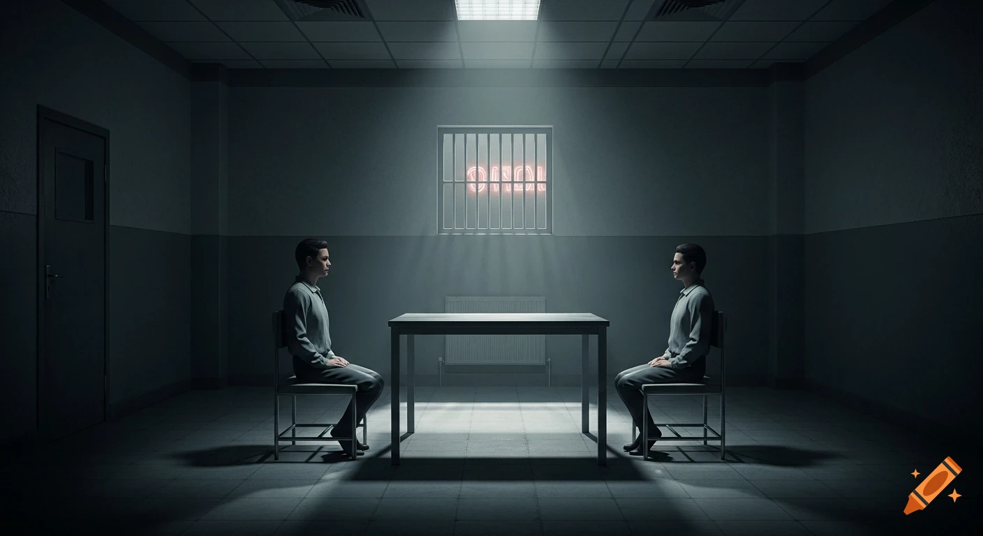 Two figures sit opposite each other at a table in a dimly lit, stark interrogation room with a neon sign visible behind barred window.