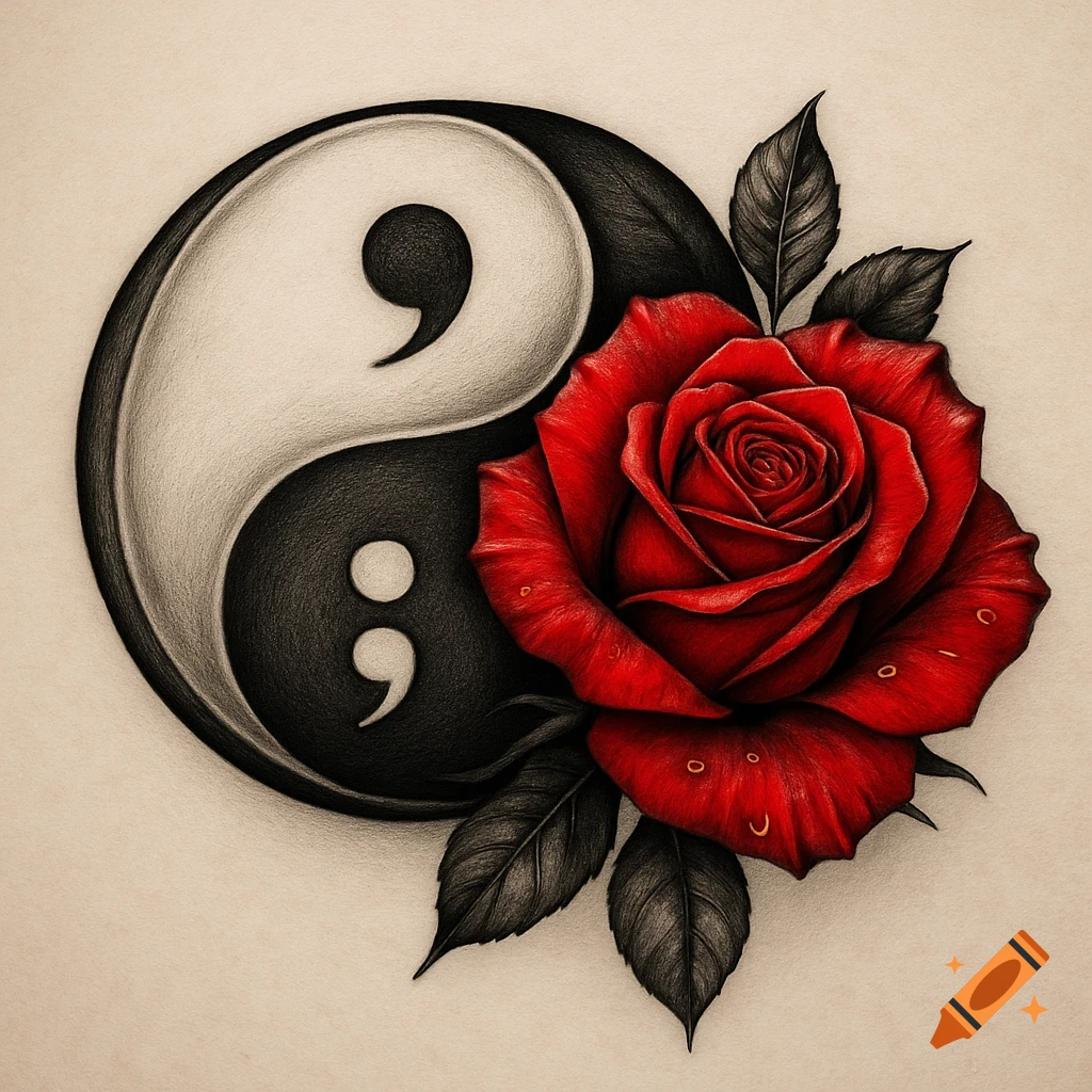 Stylized black and white Yin Yang symbol with a vibrant red rose and black leaves, featuring semicolon shapes within the Yin Yang, rendered in a tattoo art style.