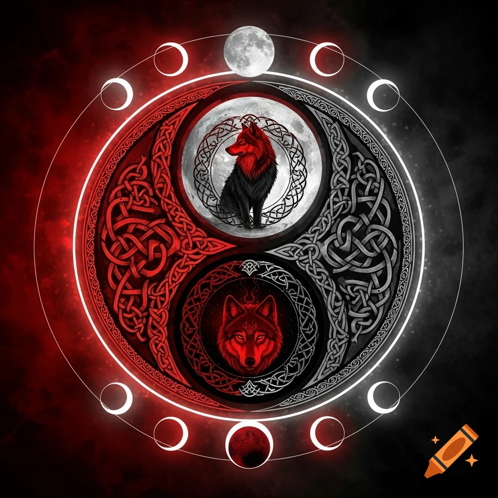 A stylized red and black Yin-Yang symbol with intricate Celtic knots, featuring a black wolf with red fur and a red wolf's head, surrounded by glowing moon phases.