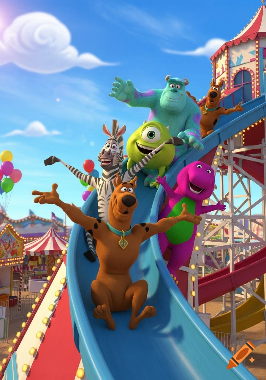 Scooby Doo, Marty the zebra, Sully, Mike Wazowski, and Barney happily slide down a blue helter skelter at a bright 3D animated fun fair.
