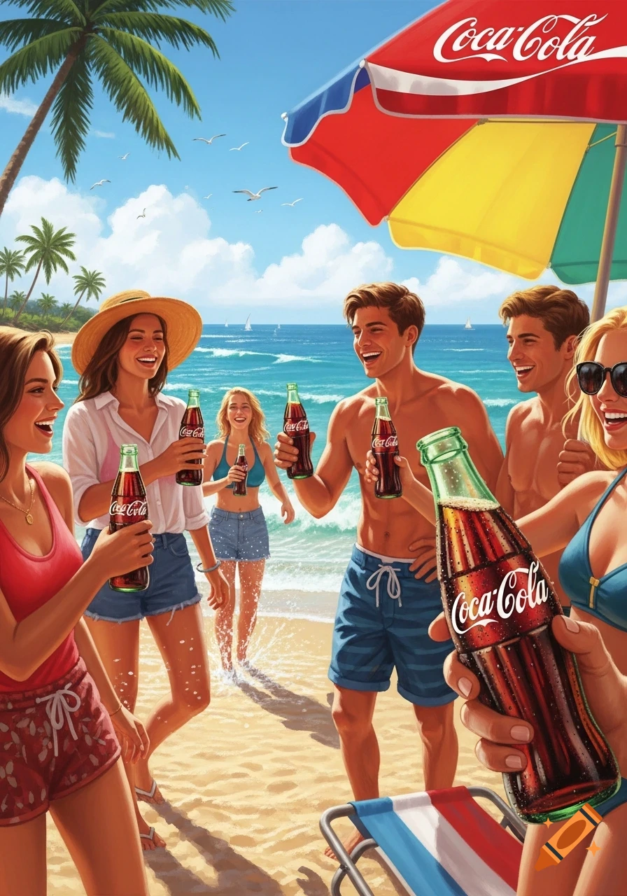 Smiling people on a sunny beach holding Coca-Cola bottles under a branded umbrella, in a vibrant illustration style.