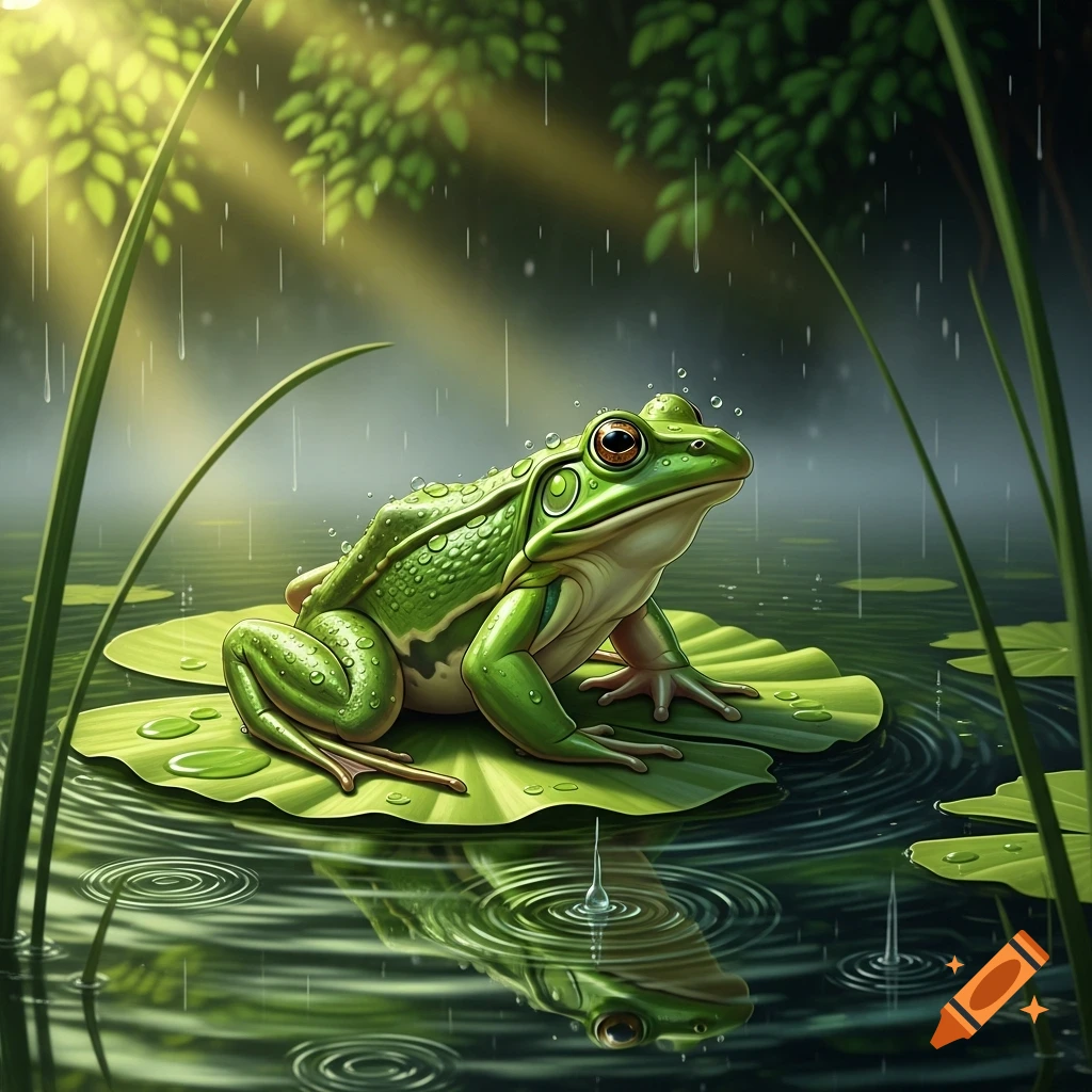A detailed green frog sits on a lily pad in a pond, covered in raindrops, with reflections in the water and green foliage.