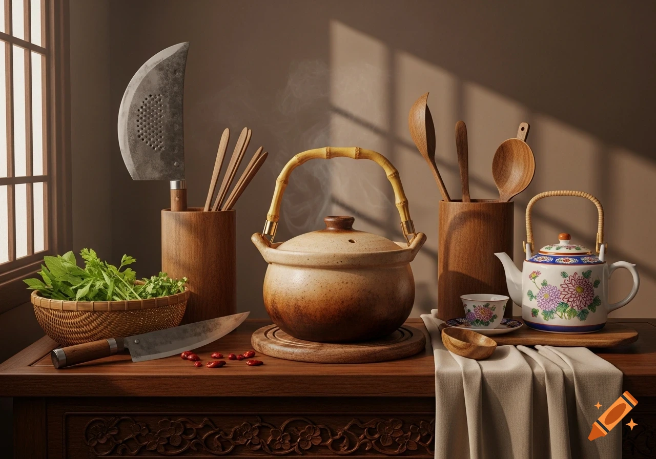 Still life of Chinese kitchen utensils including a steaming clay pot, flowered teapot, wooden tools, and fresh greens on a carved table.