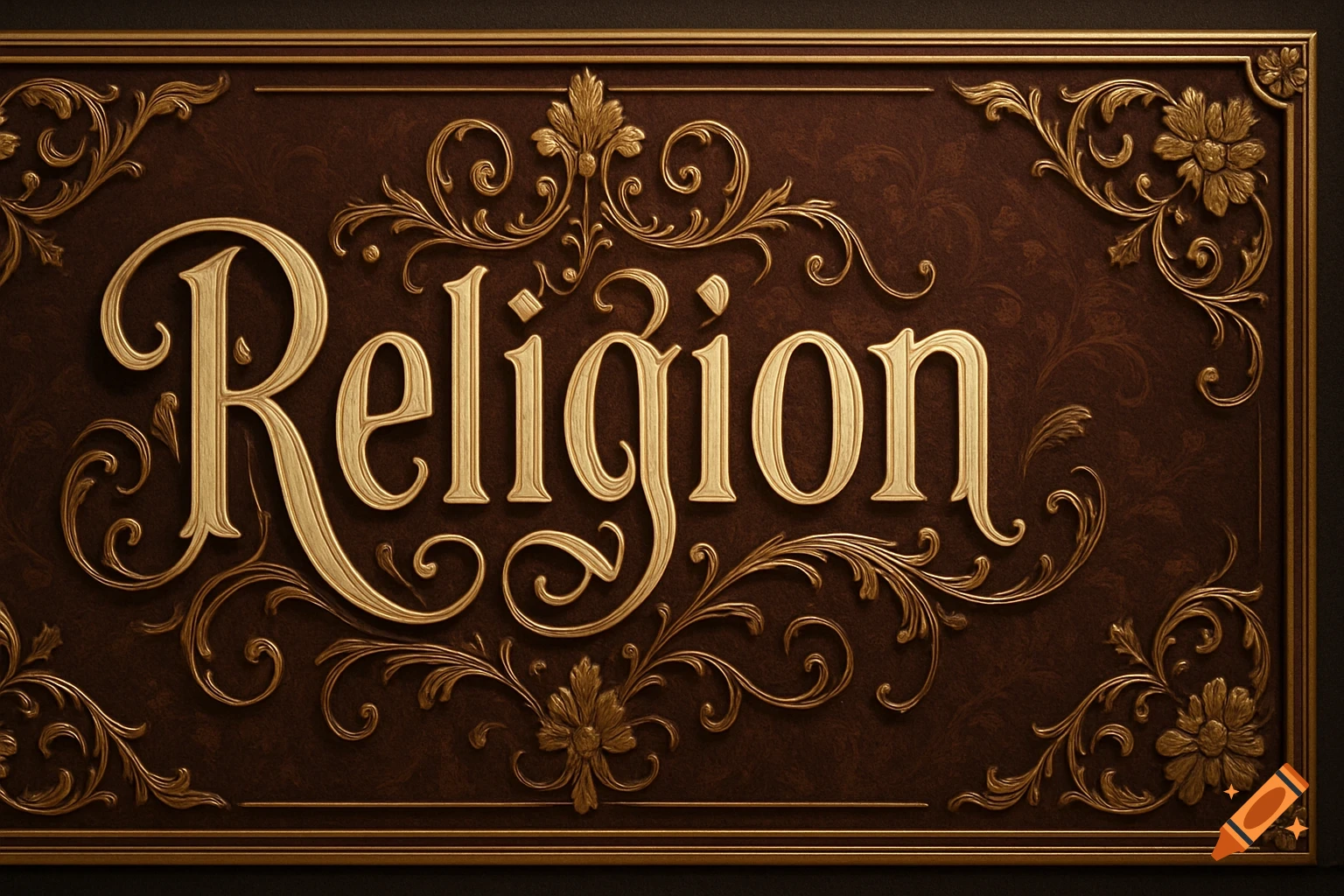 Gold ornate Victorian style banner with the word 'Religion' on a brown textured background, framed by gilded patterns.