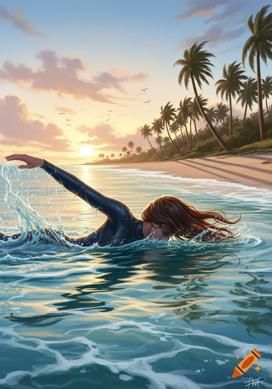 Digital painting of a woman in a wetsuit swimming freestyle in the ocean at a tropical beach during sunset.