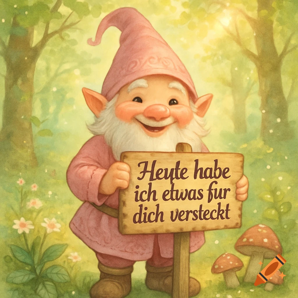 A cute, smiling gnome in a pink hat and clothes stands in a sunlit forest, holding a wooden sign that reads 'Heute habe ich etwas f dich versteckt'.