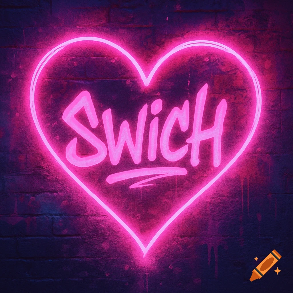 A vibrant pink neon heart sign with the word 'Swich' inside, glowing on a dark brick wall.