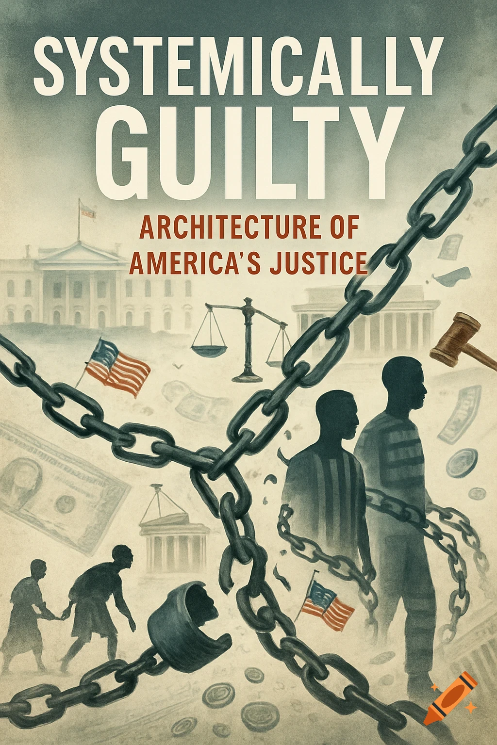 Illustrated book cover 'Systemically Guilty' with chains, silhouetted figures, U.S. flags, and symbols of justice and money.