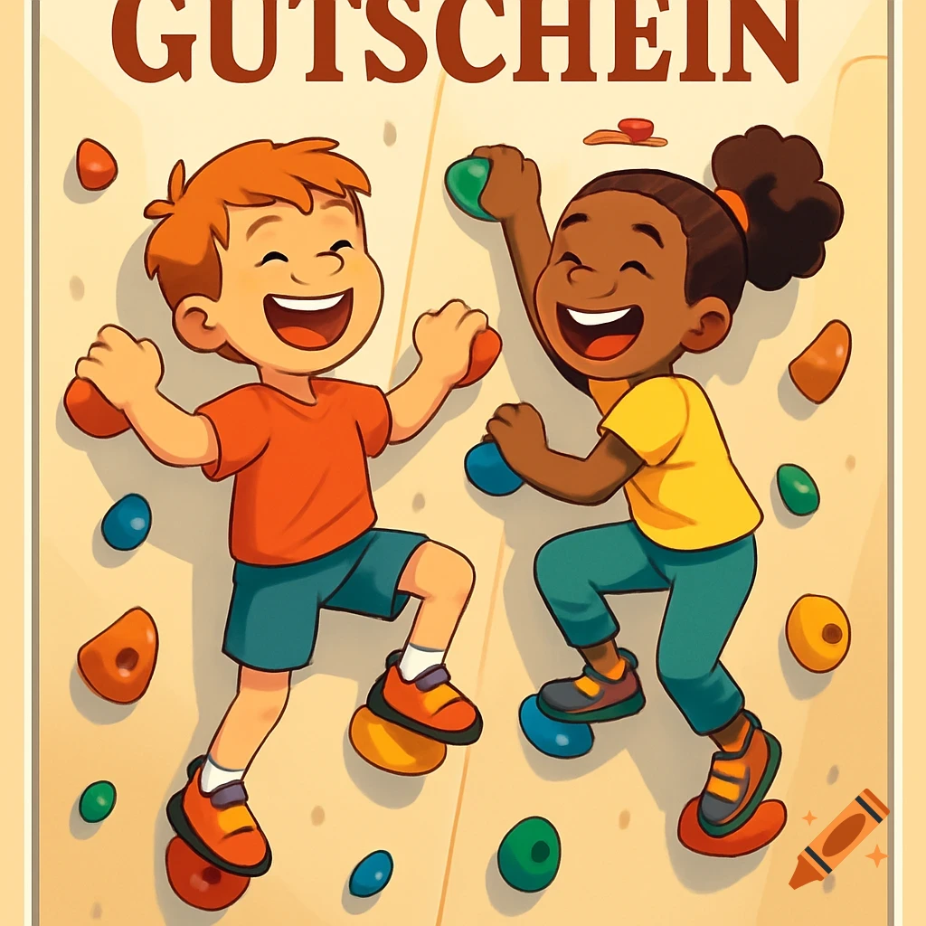 Cartoon illustration of two happy children climbing an indoor rock wall with colorful holds, featuring the word 'GUTSCHEIN' at the top.