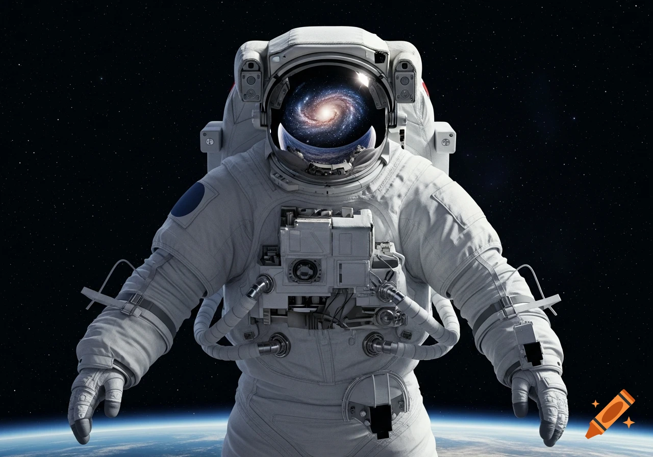 Photorealistic astronaut in a white spacesuit floats in space above Earth, a galaxy reflected in the visor.