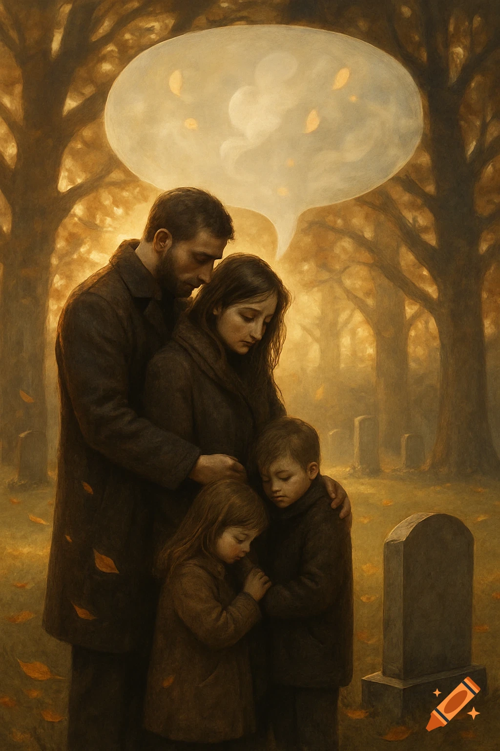 A grieving family stands in an autumnal cemetery near a tombstone, with a large, glowing thought bubble above them, in a painterly style.