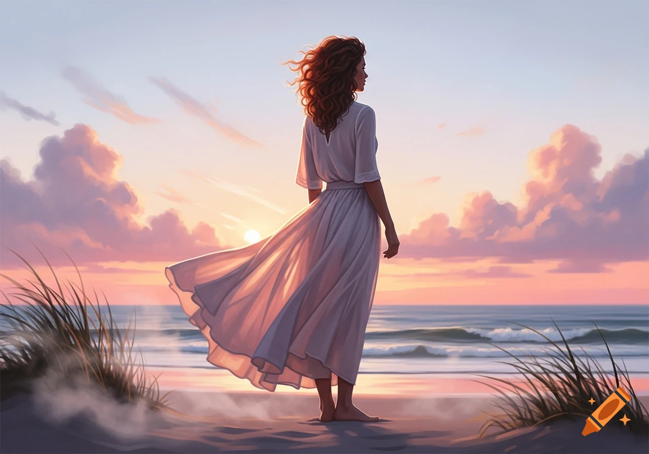 A woman in a white flowing dress stands on a beach, looking at a ...