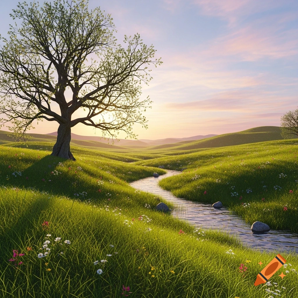 Photorealistic landscape of rolling green hills, a winding stream, and a large tree under a sunset sky.