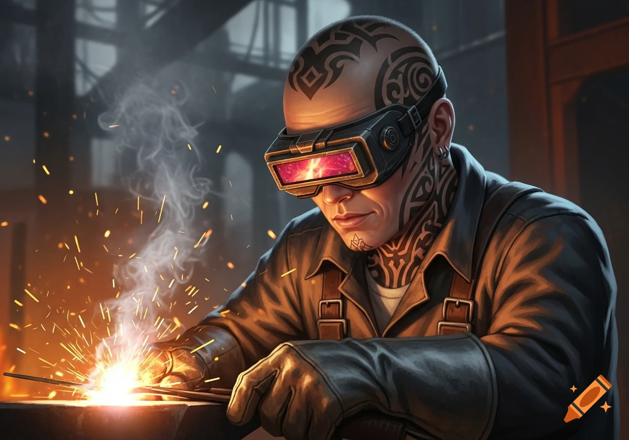 Tattooed person in futuristic welding goggles welds metal, creating bright sparks and smoke in a digital art style.