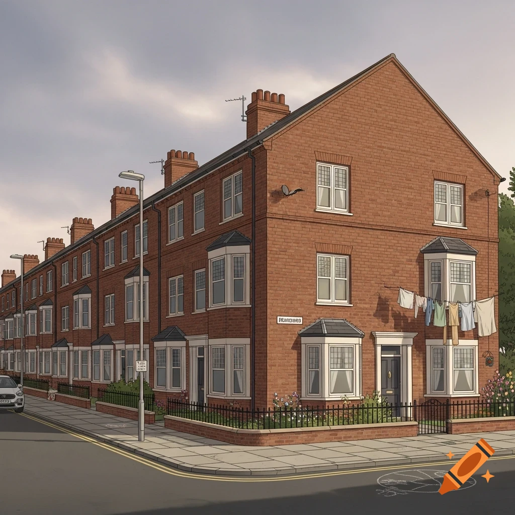A row of brick terraced houses with bay windows and chimneys, on a street corner under a cloudy sky.