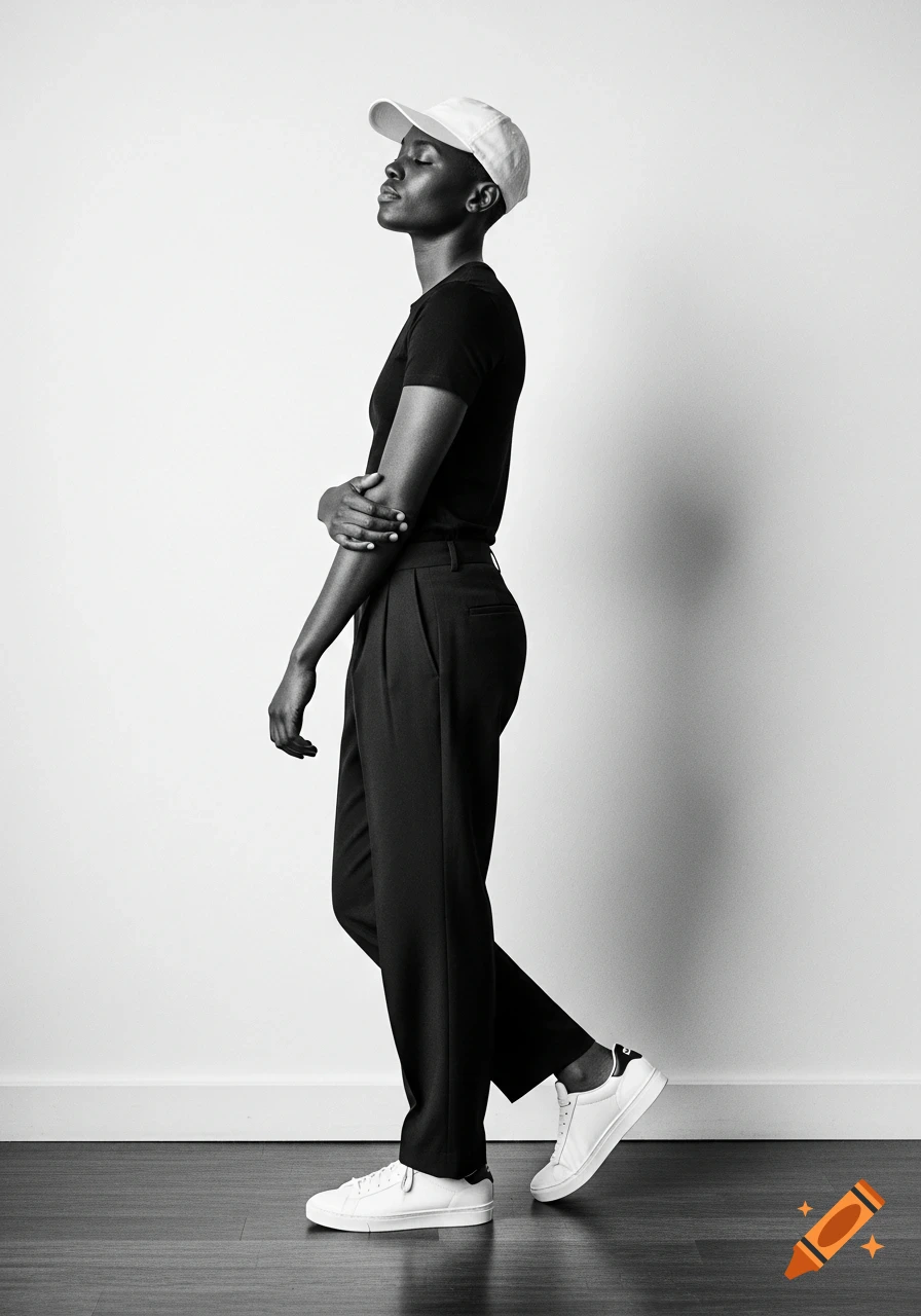 Black and white studio portrait of a person in a white cap, black top, and black pants, standing with eyes closed against a white wall.