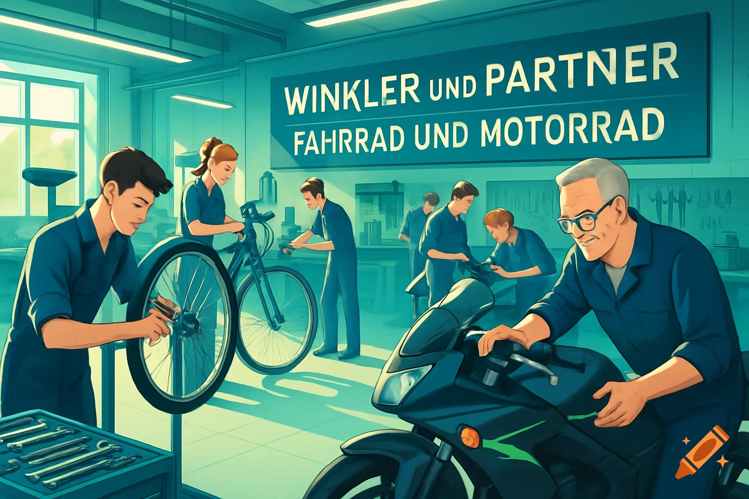 Digital art illustration of a bustling workshop with mechanics repairing bicycles and motorcycles, with a sign reading "Winkler und Partner Fahrrad und Motorrad" overhead.