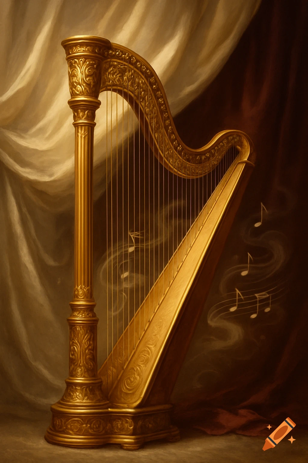 A golden, ornately carved harp stands against draped cream and dark brown fabric, with musical notes floating around it in a painterly style.