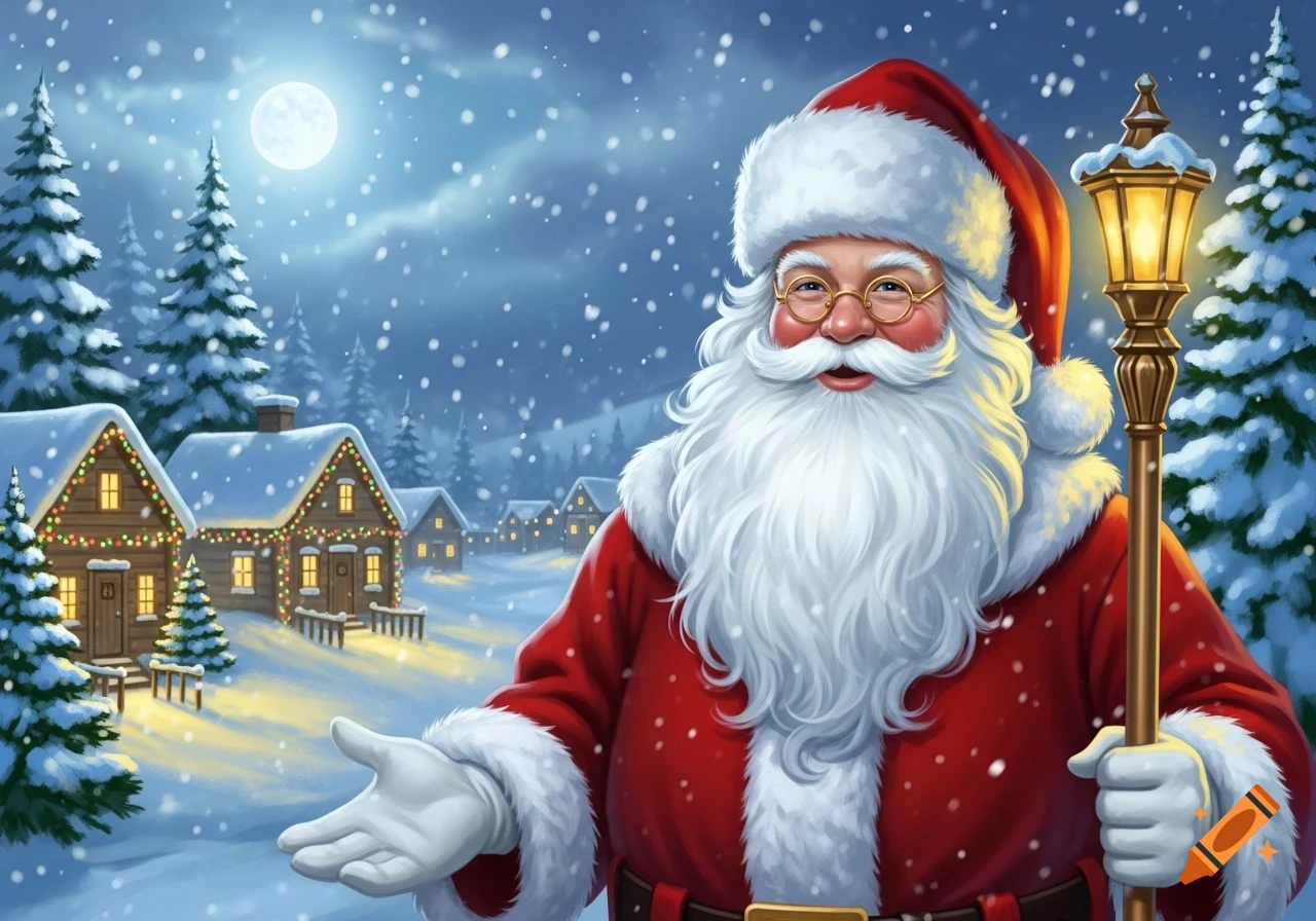 Smiling Santa Claus in a red suit stands in a snowy Christmas village at night, holding a lantern, with illuminated houses and pine trees.