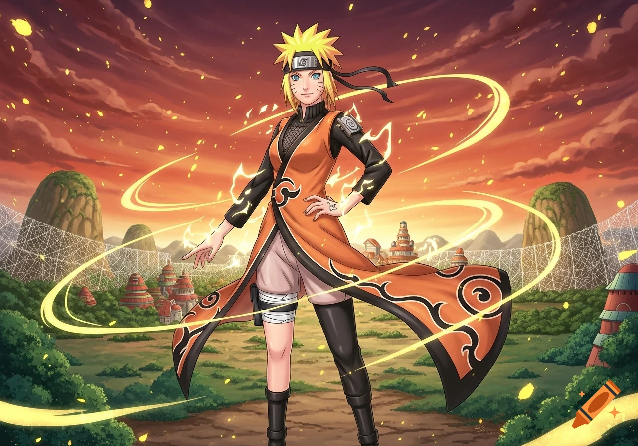 Anime illustration of a confident female Naruto (Naruko) with a glowing aura in a village landscape at sunset.
