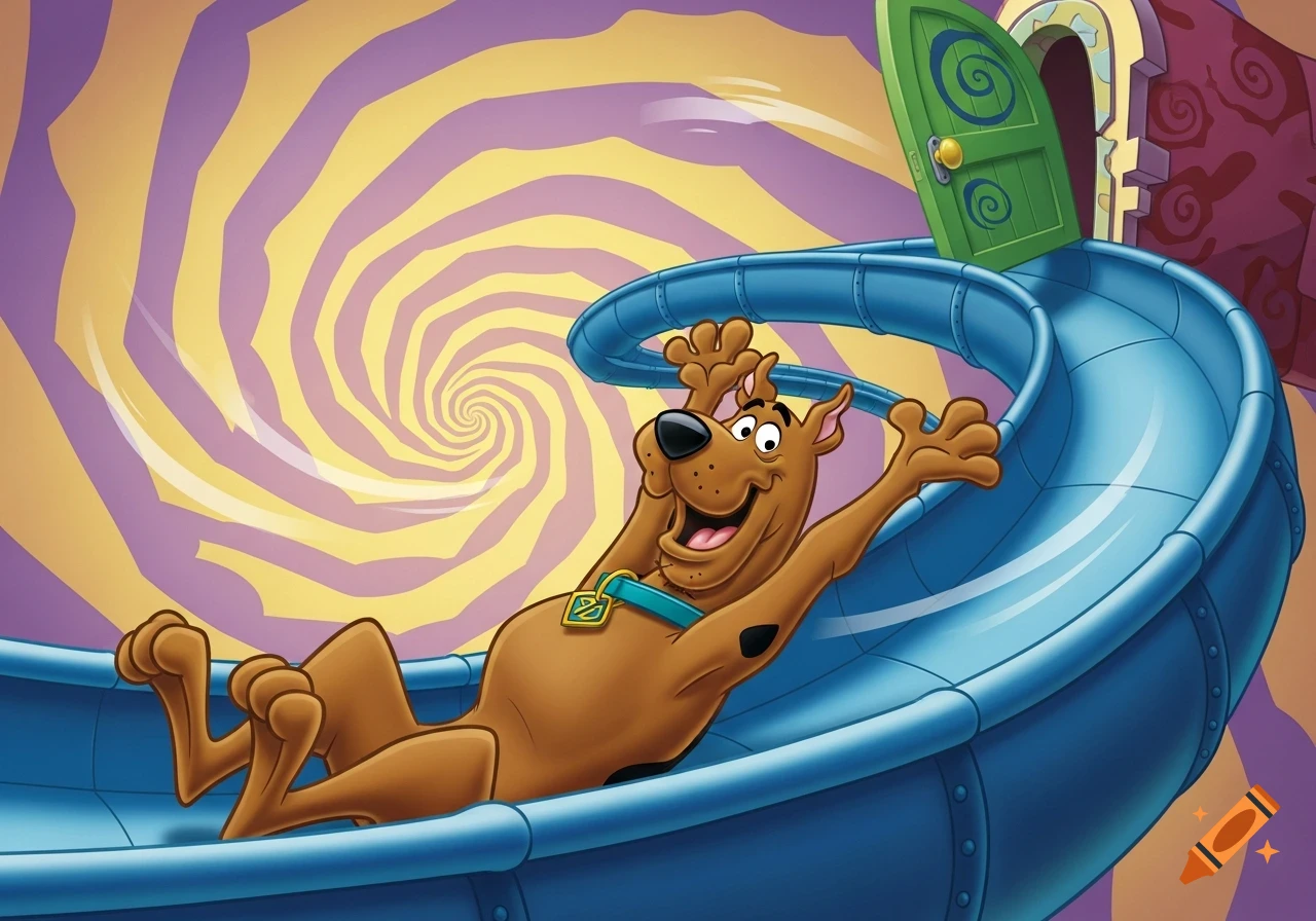 Scooby-Doo happily sliding down a blue water slide with a green door at the top, against a yellow and purple spiral background in a cartoon style.