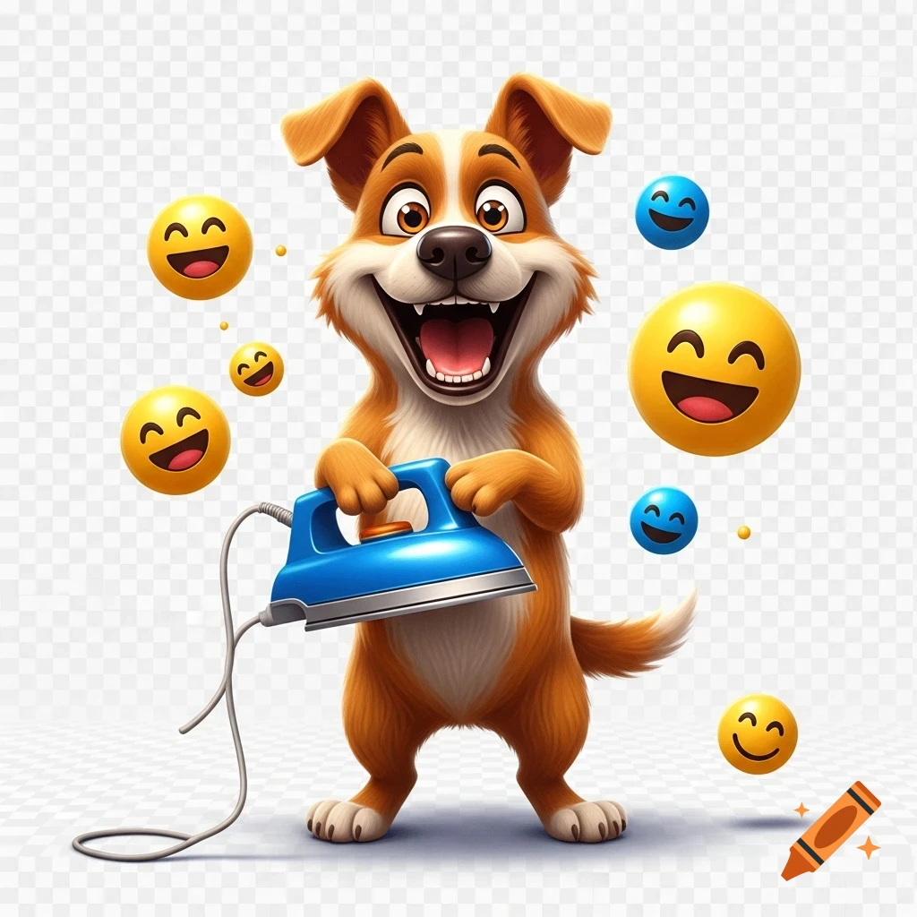 A happy, smiling cartoon dog holding a blue iron, surrounded by yellow and blue laughing emojis, on a transparent background.