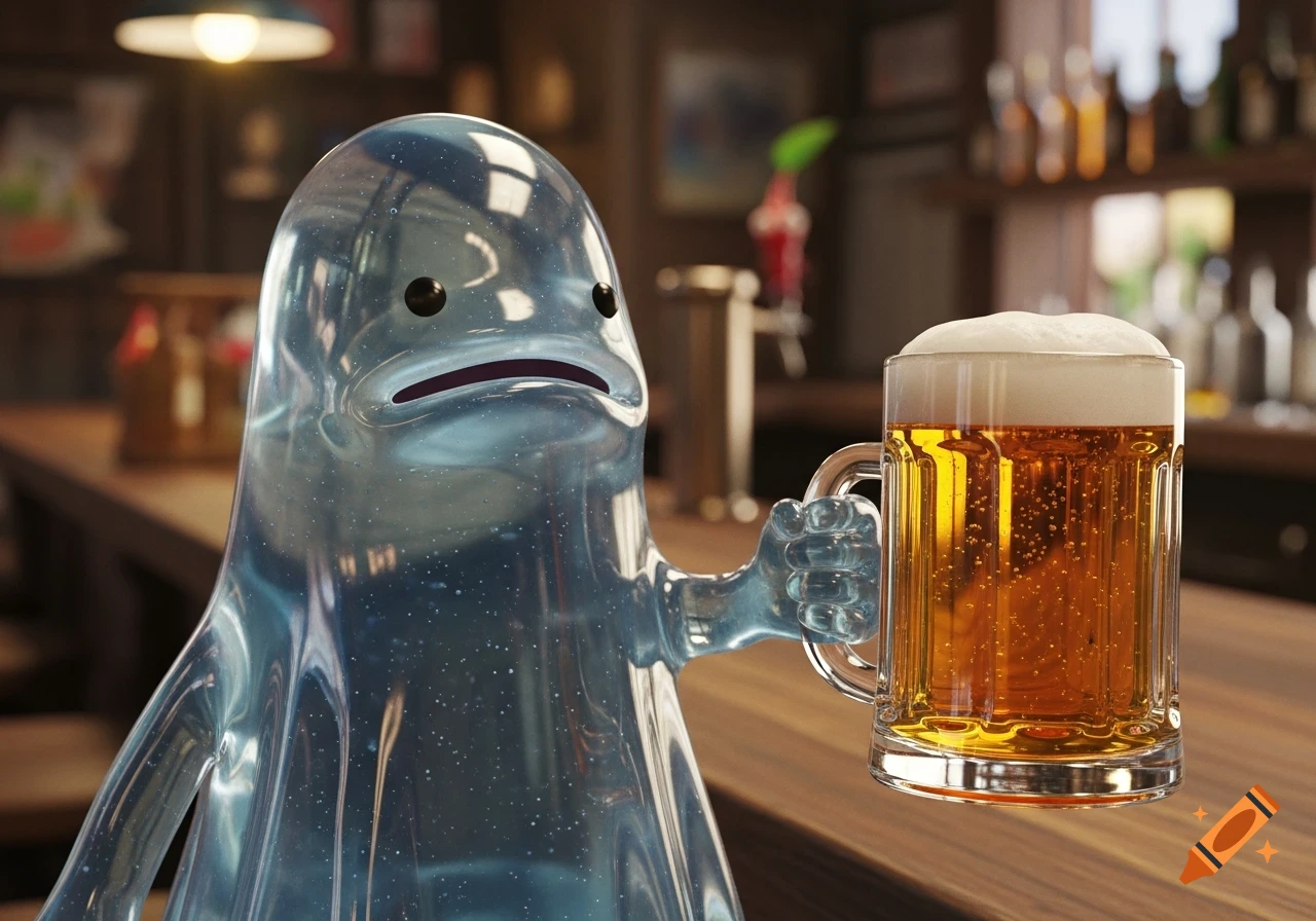 A translucent blue Waterwraith creature from Pikmin 2 holding a mug of foamy beer in a dimly lit bar.