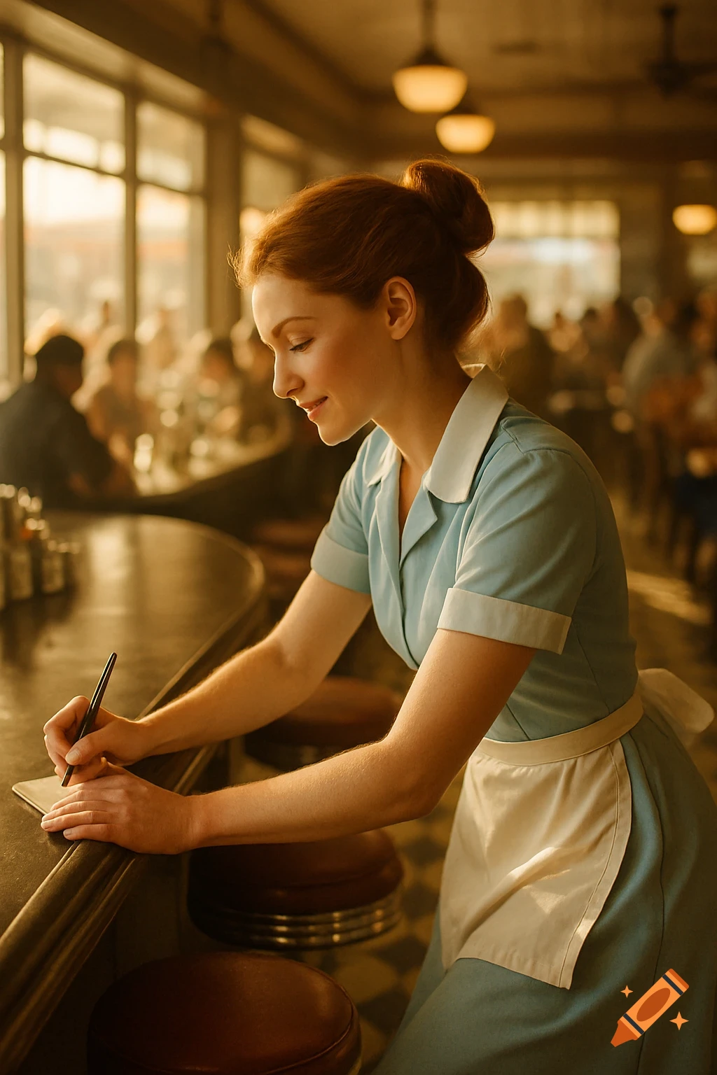 A red-haired waitress in a blue uniform leans over a diner bar, writing on a notepad in warm, late afternoon light.