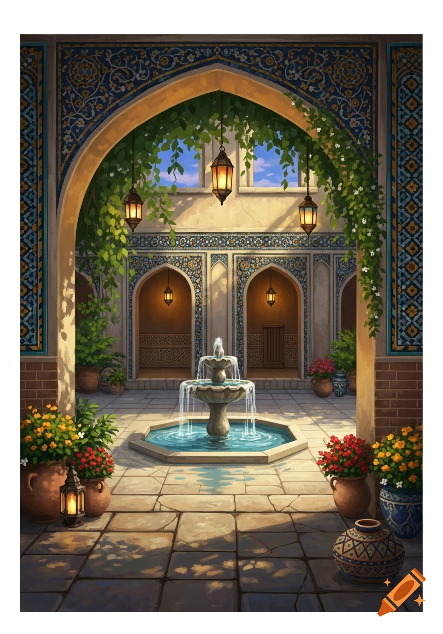 An ornate Middle Eastern courtyard with a stone fountain, arched entryway, intricate tile patterns, lush green vines, and potted flowering plants.