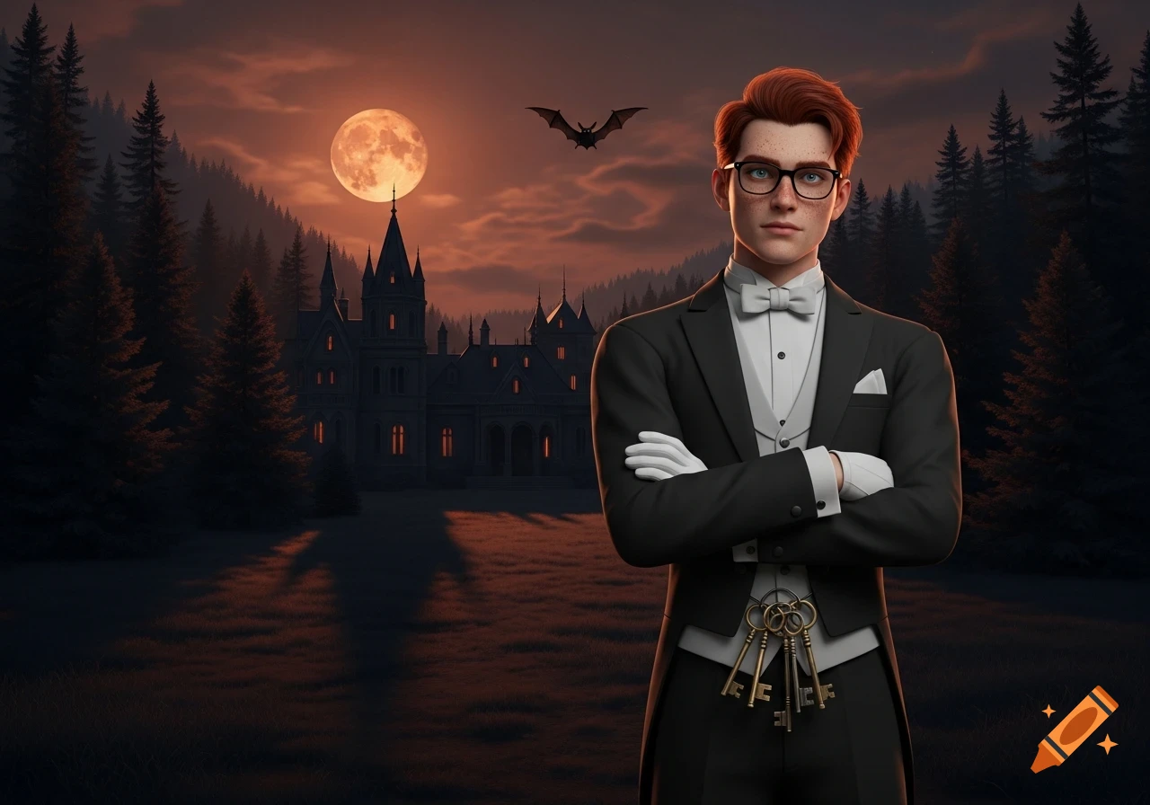 A young, red-haired butler with glasses stands before a gothic palace under a full orange moon, with a bat flying.