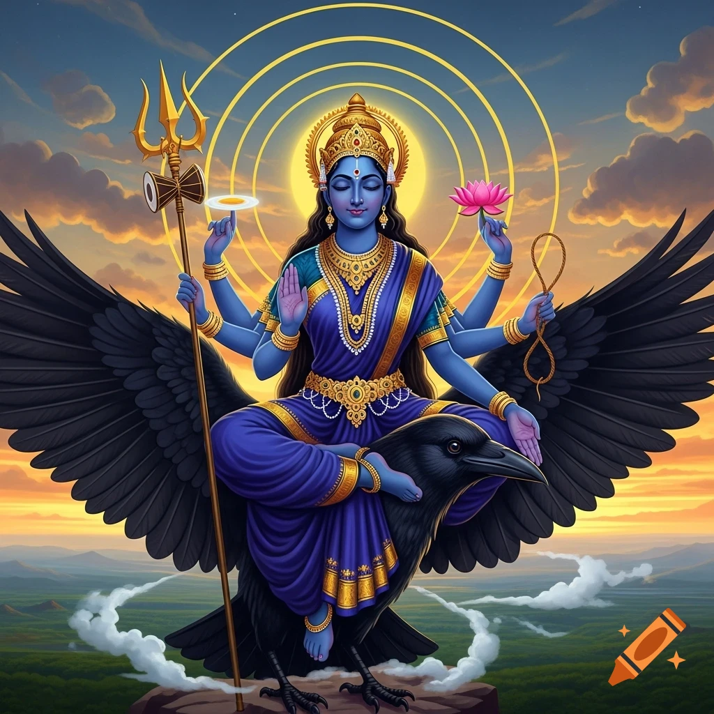 Blue-skinned Hindu goddess Nila with four arms, holding a trident, lotus, and noose, seated on a black crow against a sunset sky.
