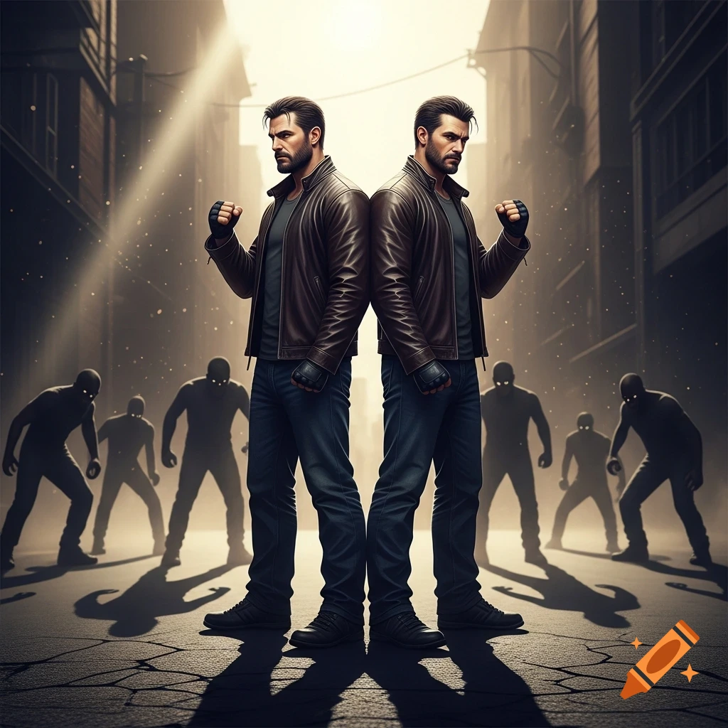 Two men in leather jackets stand back-to-back in a dark alley, fists raised, facing shadowy figures with glowing eyes.