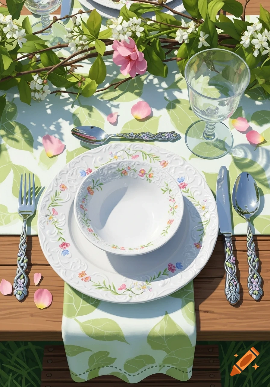 A close-up overhead view of a spring-themed table setting with floral patterned plates, a bowl, ornate cutlery, a glass, and pink flowers on a leaf-patterned tablecloth.