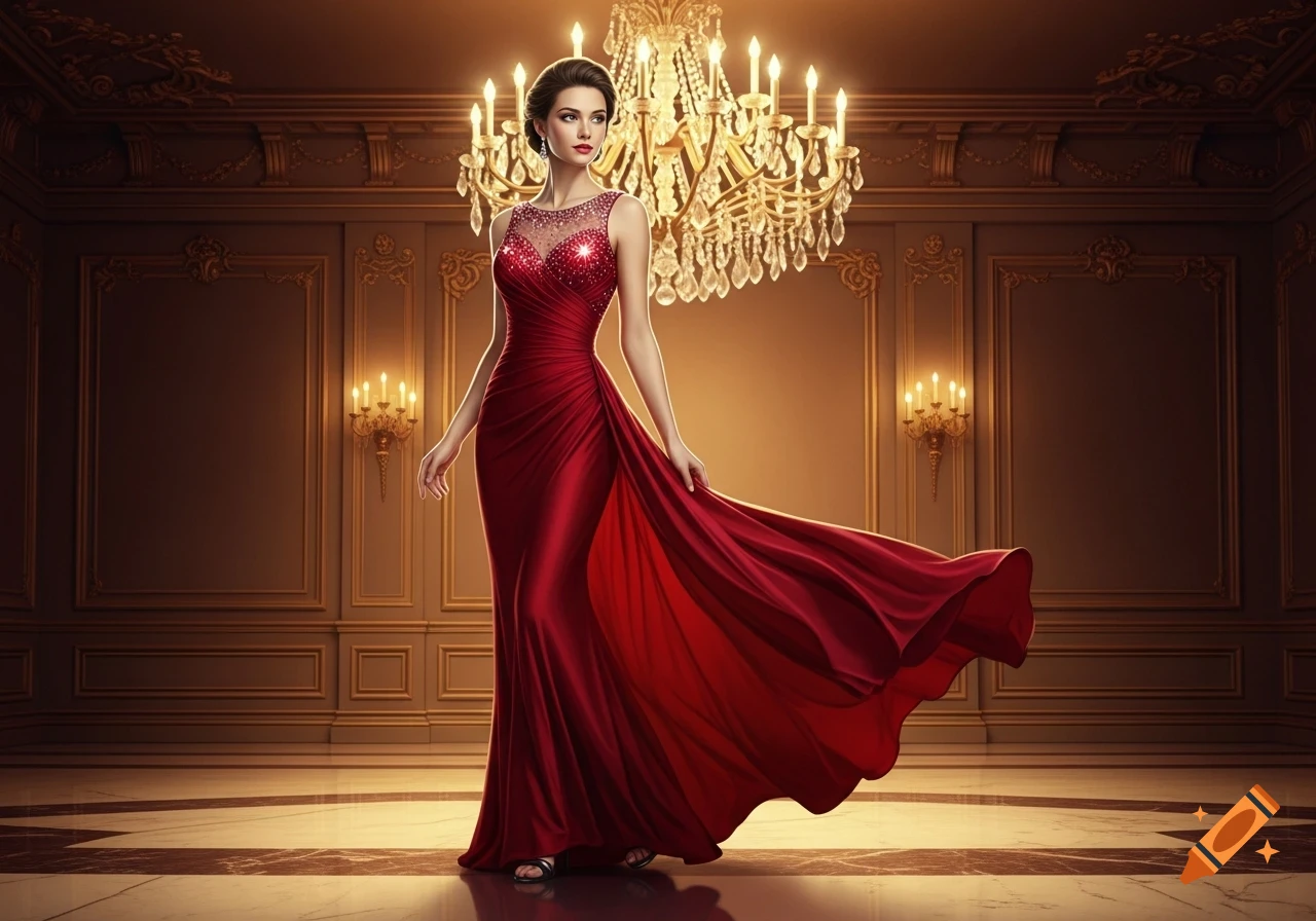 A woman in a flowing red evening gown stands in an ornate ballroom under a grand chandelier, looking elegant.
