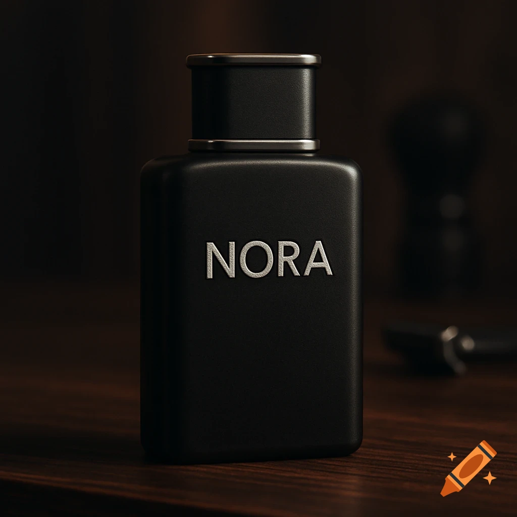 A photorealistic matte black aftershave bottle with "NORA" on it, on a dark wooden surface.
