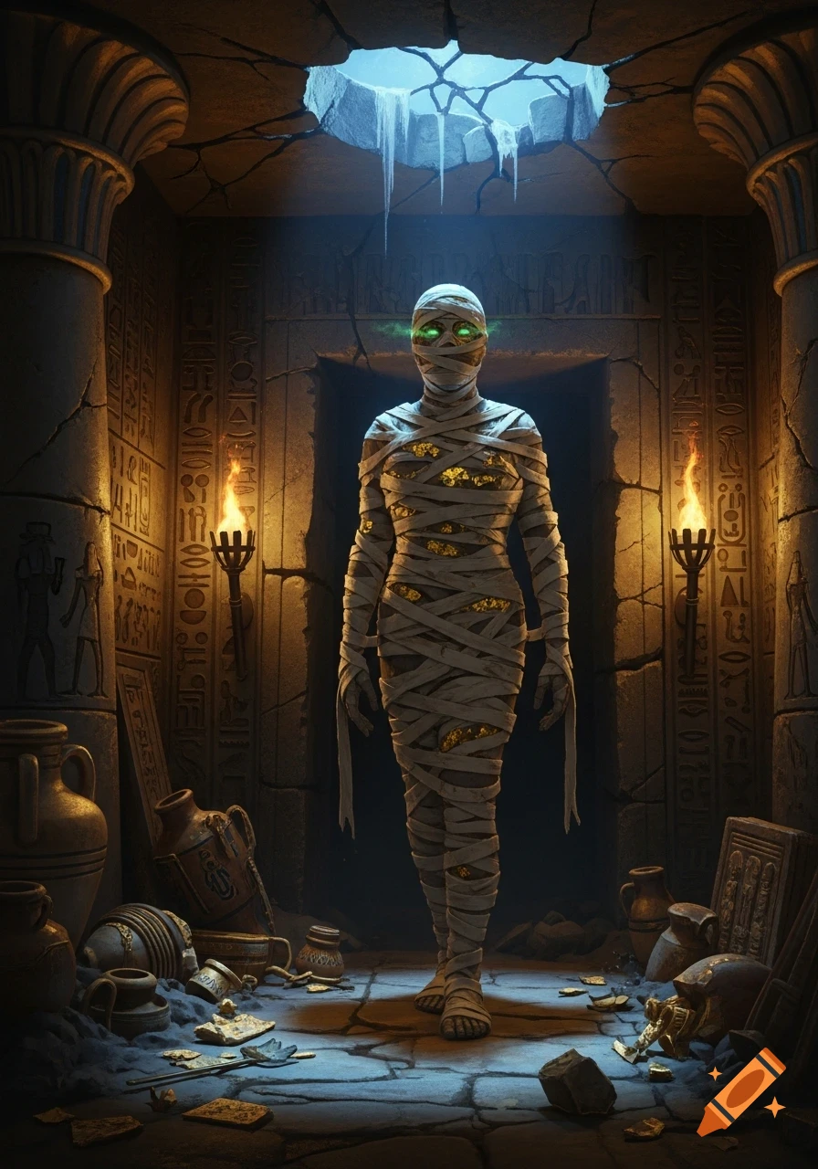 A wrapped mummy with glowing green eyes stands in a torch-lit ancient Egyptian tomb filled with broken pots and treasures.