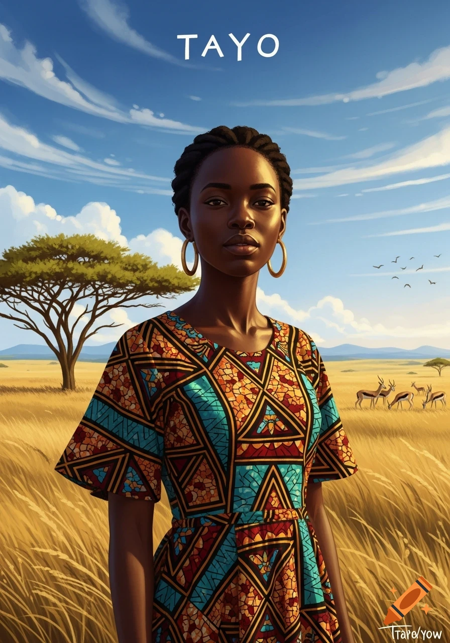 A portrait of an African woman in a vibrant patterned dress, standing in a golden savanna with a tree and antelopes under a blue sky, with "TAYO" written at the top.