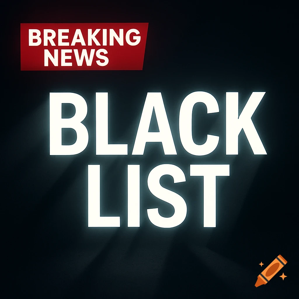 Breaking News header in red above "BLACK LIST" in glowing white text on a dark, textured background.