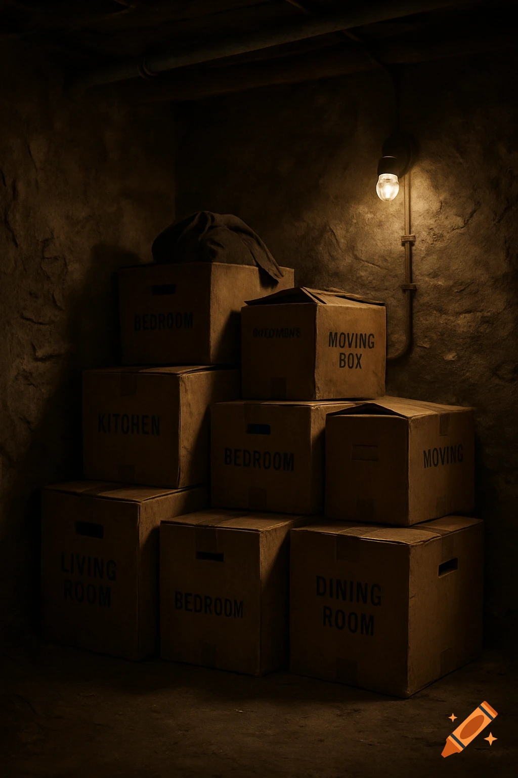 A dark, atmospheric basement corner stacked with several worn moving boxes, some labeled "BEDROOM," "KITCHEN," and "MOVING BOX," under a single dim light bulb.