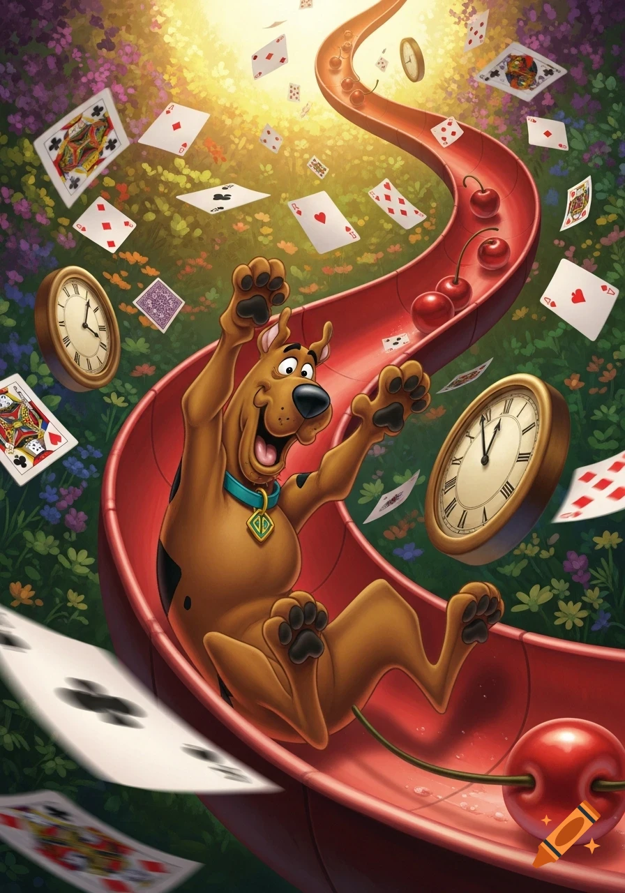 Cartoon Scooby-Doo slides happily down a red chute in a whimsical, colorful landscape with floating playing cards, clocks, and cherries.