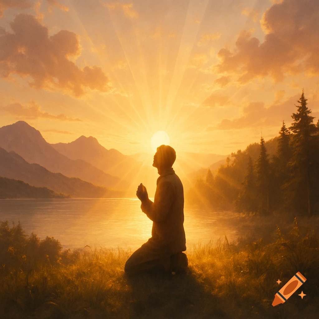 A person kneels in prayer by a serene lake as the sun rises over distant mountains, casting a golden glow on the landscape.