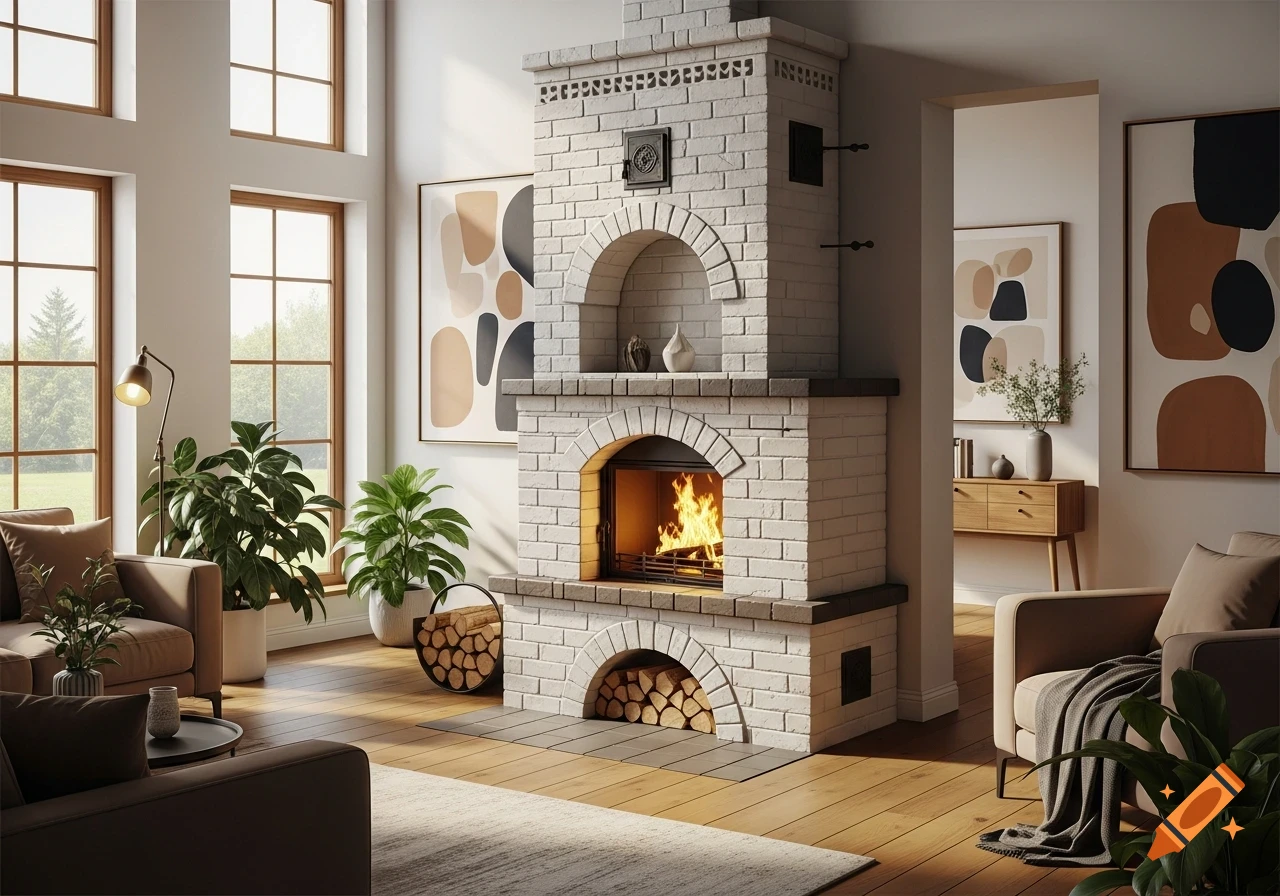 A modern living room featuring a large white brick fireplace with a fire, surrounded by lush green plants and minimalist furniture.