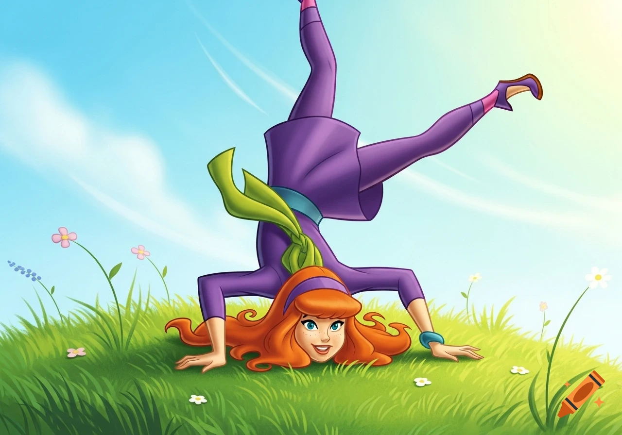 Daphne from Scooby-Doo does a handstand in a grassy field with flowers under a blue sky, 2D cartoon style.