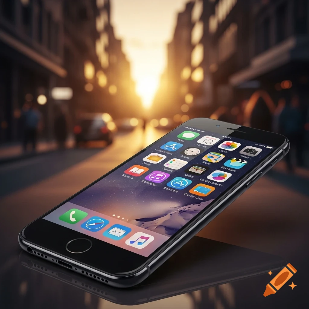 A black iPhone with a colorful app display stands angled on a reflective surface, blurring into a city street at sunset.