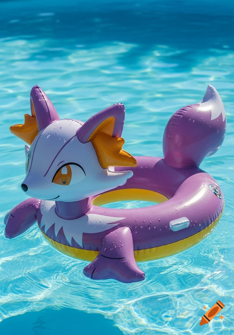 A photorealistic purple and orange Braixen-themed pool float covered in water droplets, floating in clear blue water.
