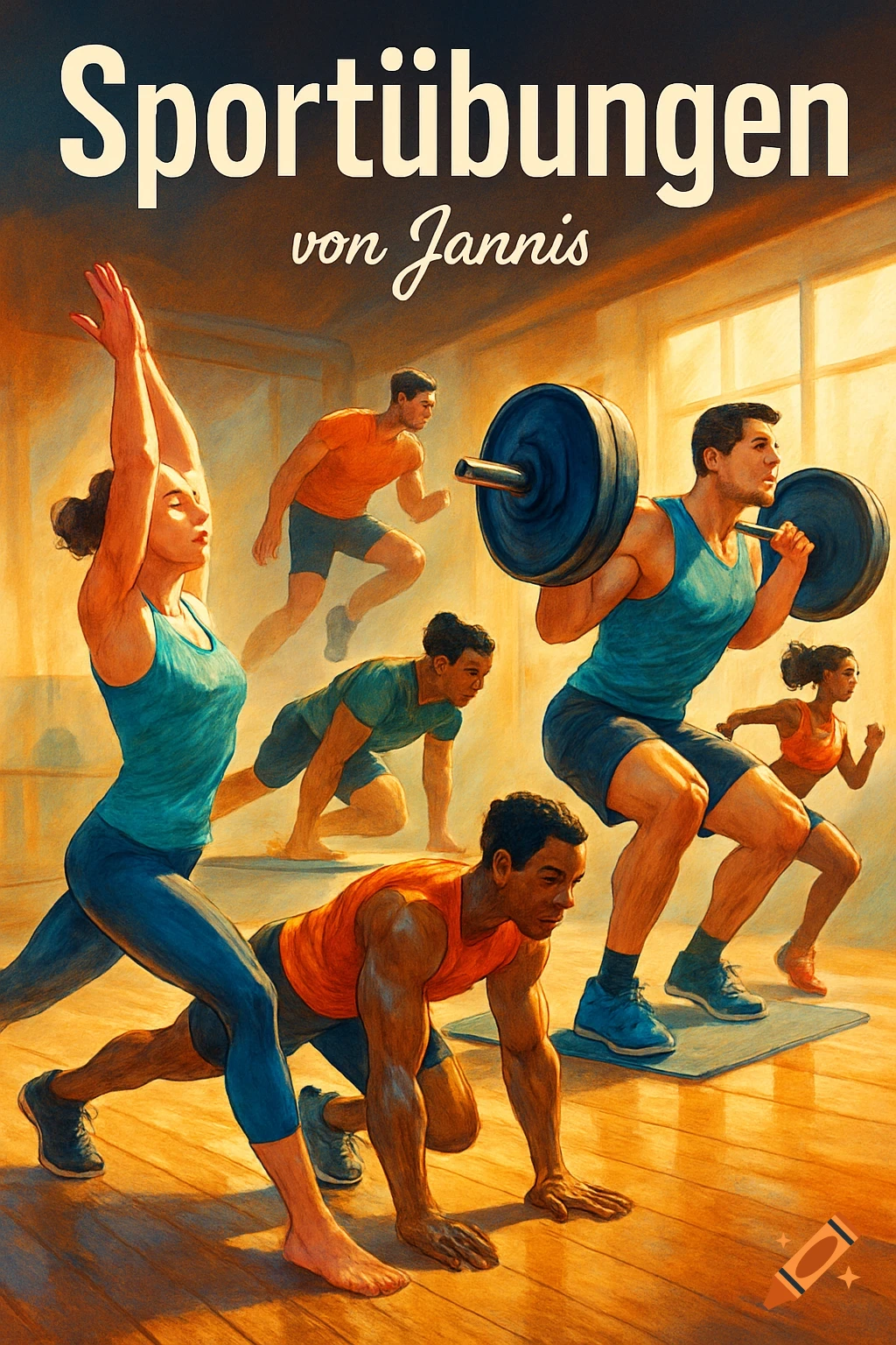 Multiple people performing various exercises in a gym. Text at the top reads "Sportübungen von Jannis" in a stylized, painterly art style.