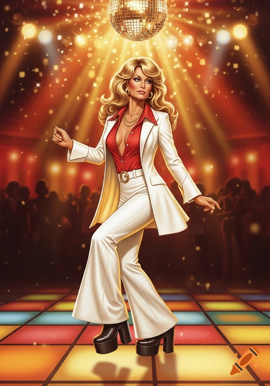 A cartoon woman with blonde Farrah Fawcett hair in a white leisure suit and red shirt dances under a disco ball on a colorful floor.