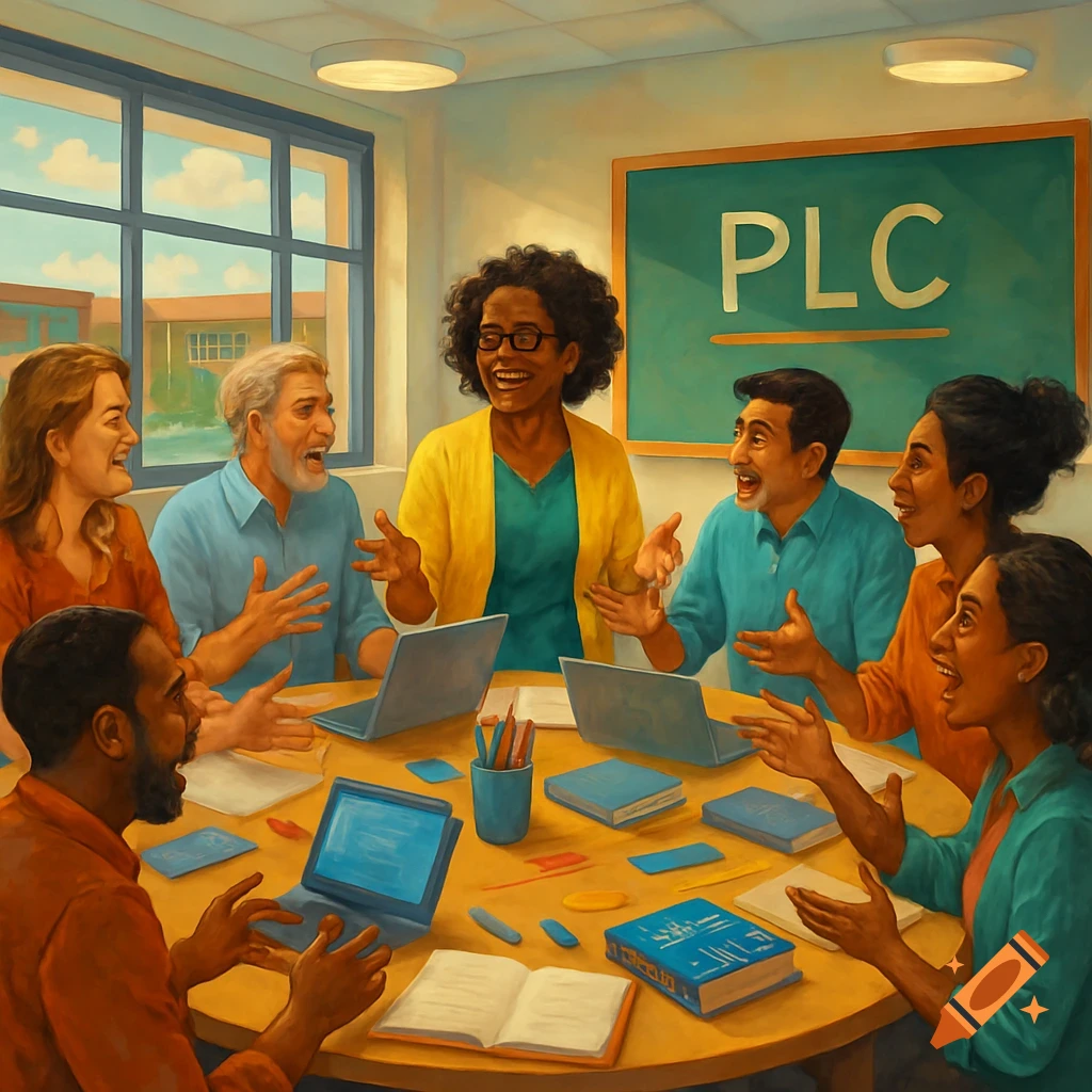 A diverse group of teachers laughs and discusses around a table with laptops and books in a bright classroom with a 'PLC' chalkboard, in a painterly style.